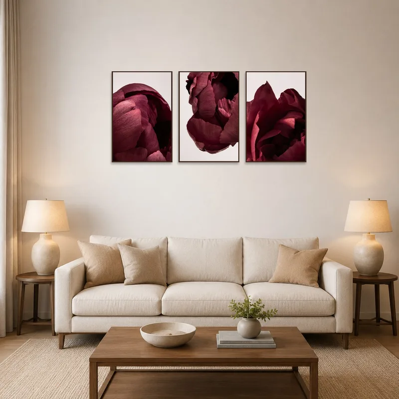 Elegant deep red flower triptych set on a living room wall above a modern sofa.