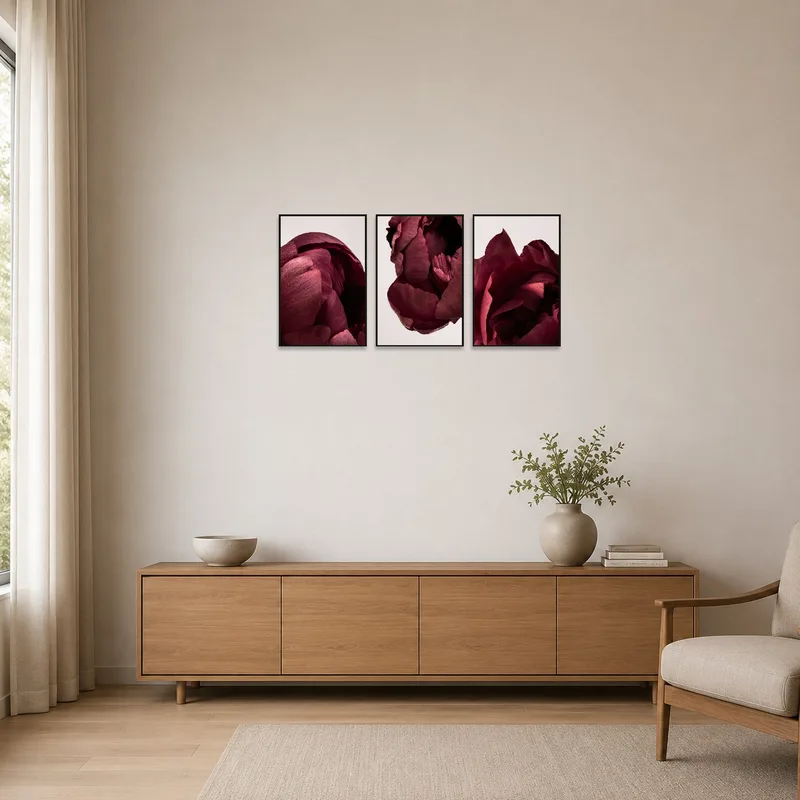 Deep red flower triptych in a minimalist room with sparse, sleek furniture.