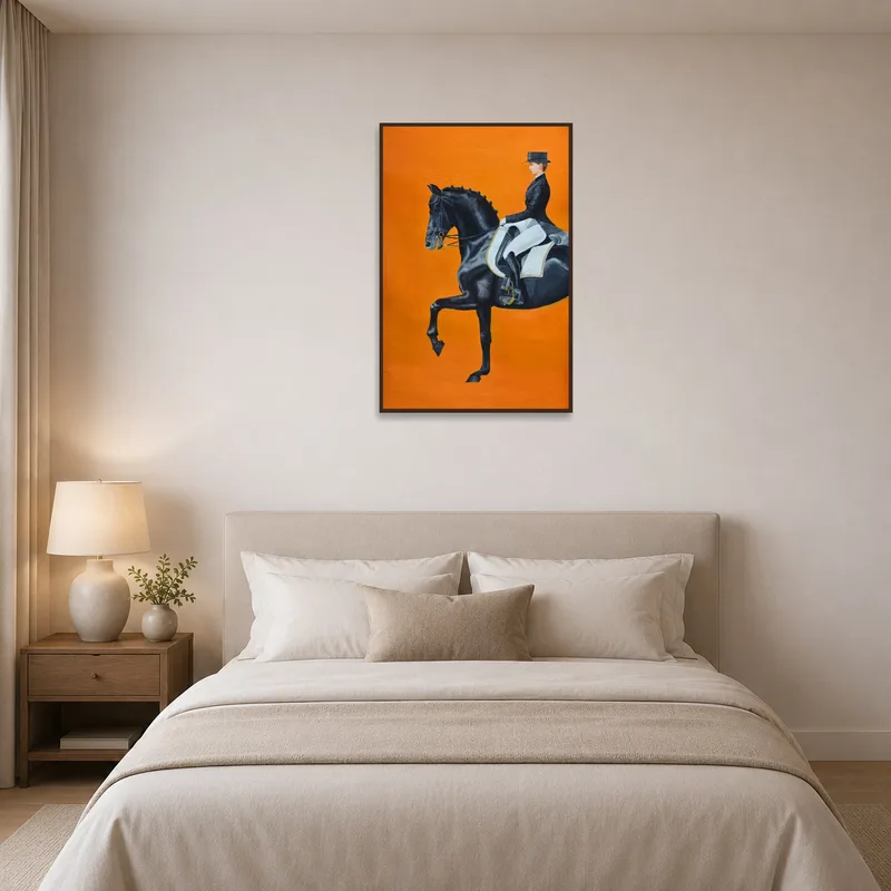 Bedroom wall adorned with vibrant orange and horse print.