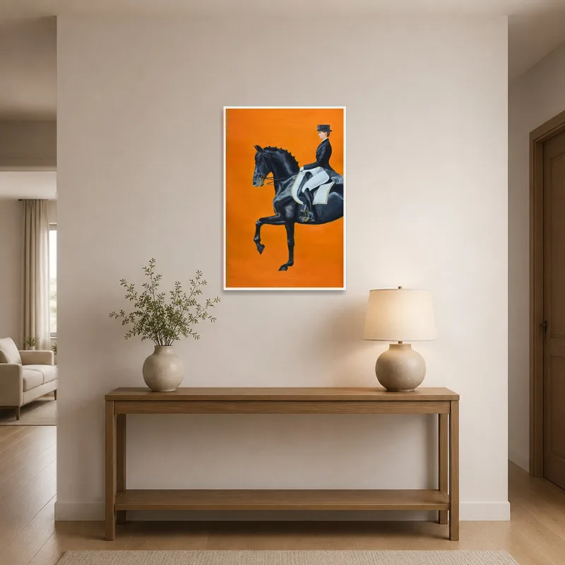 Horse artwork welcomes guests in a bright entrance hall.