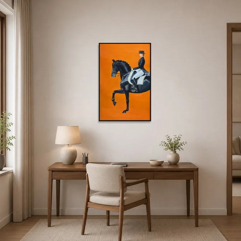 Home office brightened by an orange horse-themed canvas.