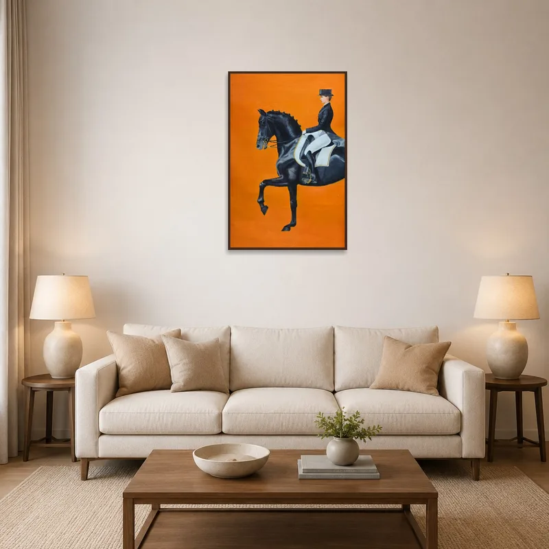 Orange canvas of a horse adds vibrancy to the living room wall.