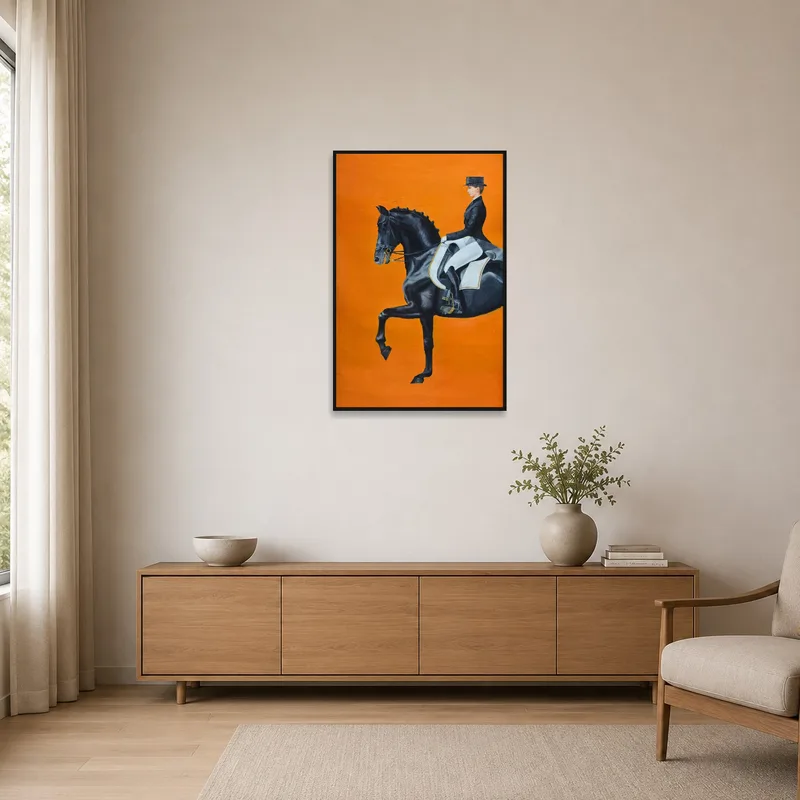 Minimalist setting with a bold horse on an orange canvas.