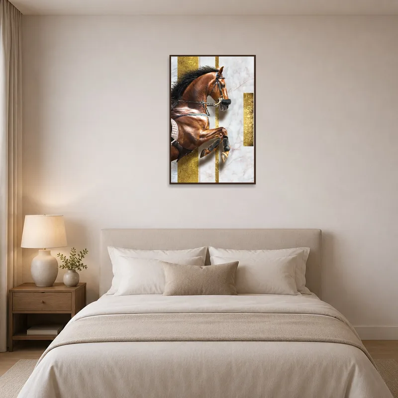 Subtle equine artwork with gold accents adds charm to the bedroom wall.