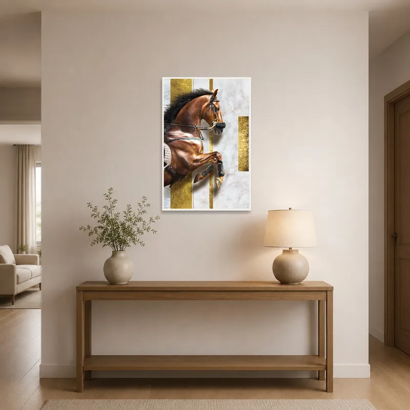 Entrance hall adorned by a horse artwork with stylish gold and geometric patterns.