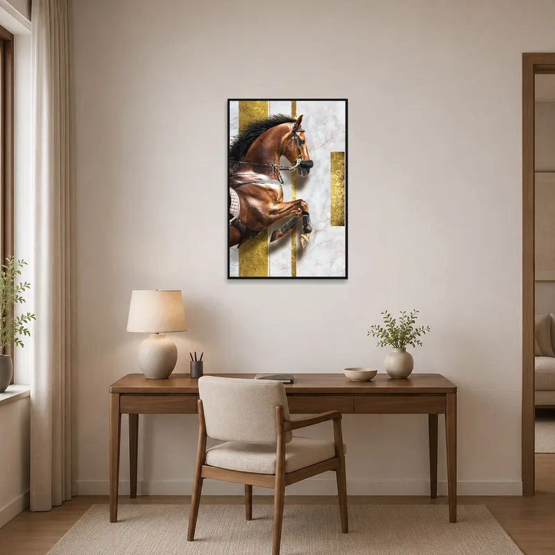Home office space showcasing a sophisticated horse artwork with golden geometric elements.