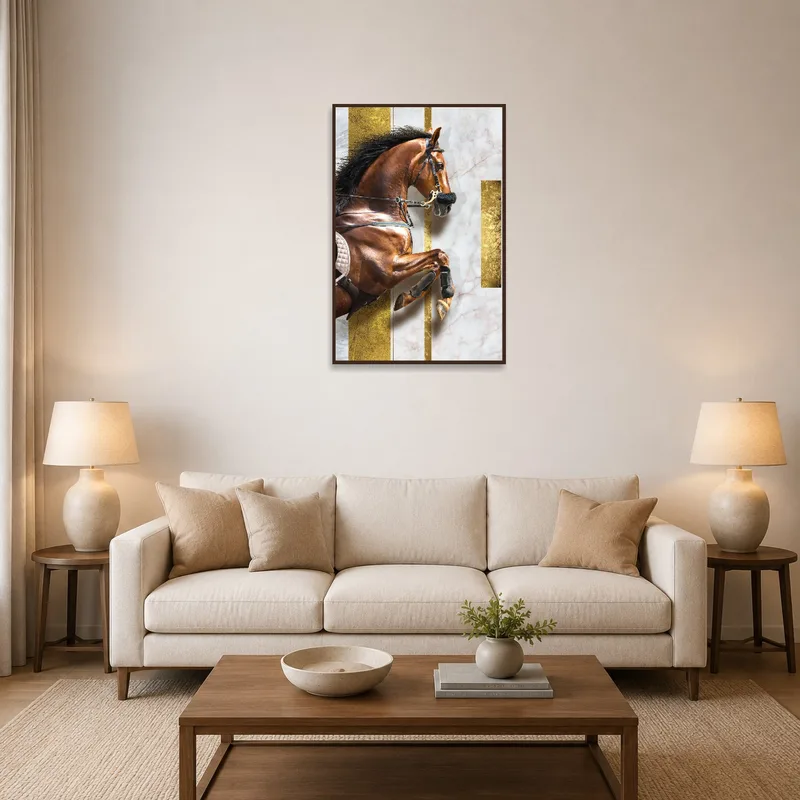 Elegant equine artwork with gold accents hangs in a modern living room.