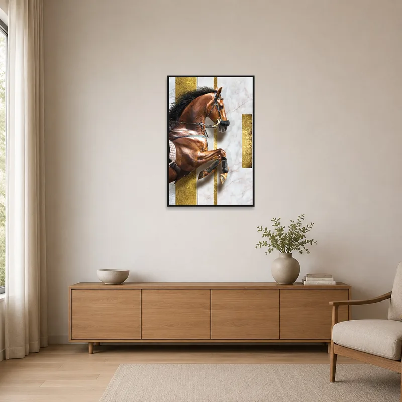 Minimalist space featuring a horse art piece with gold geometric details.