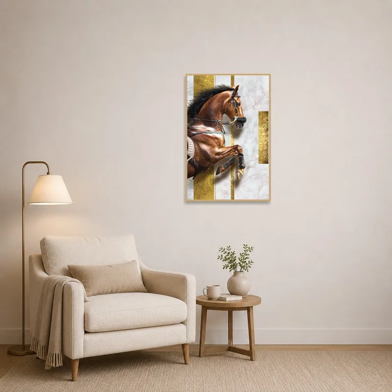 Reading corner enhanced by a horse-themed art piece with gold geometric touches.
