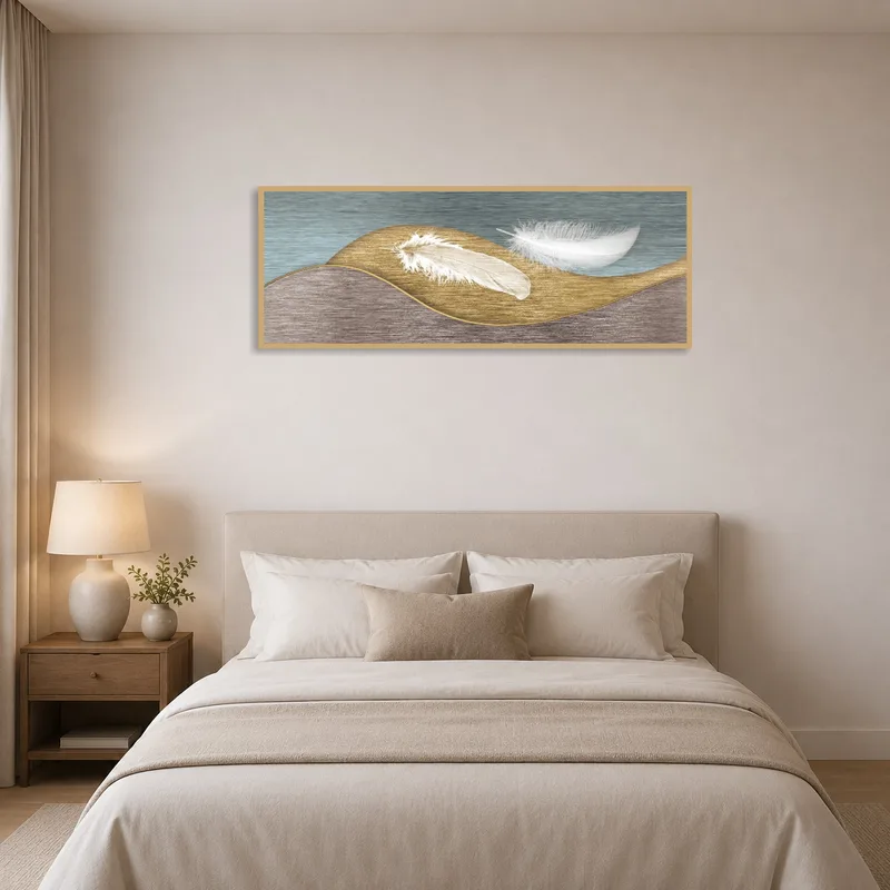 Art with feather design and textured waves brings elegance to a bedroom wall.
