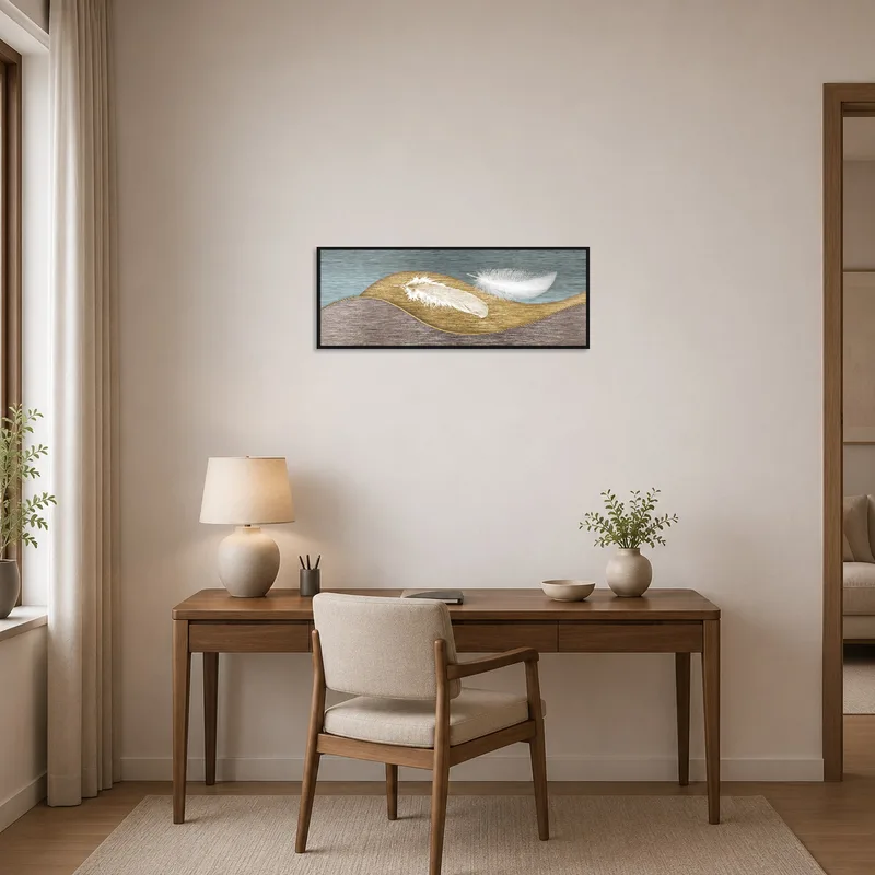 Feather motif art lends a refined touch to a home office with its textured waves.