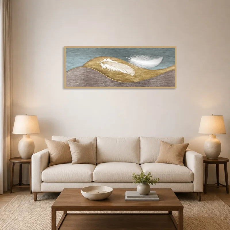 Elegant feather motif art on a living room wall with textured waves adding sophistication.