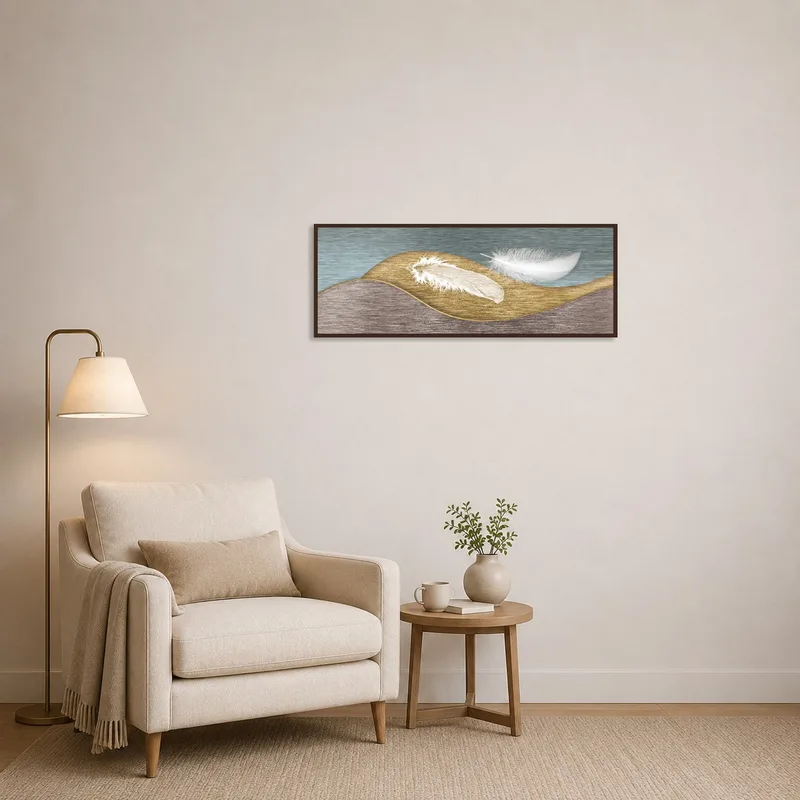 Feather motif art enriches a cozy reading corner with textured wave elements.