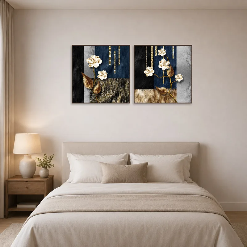 Elegant floral and abstract gold panels set complements serene bedroom environment above the bed.