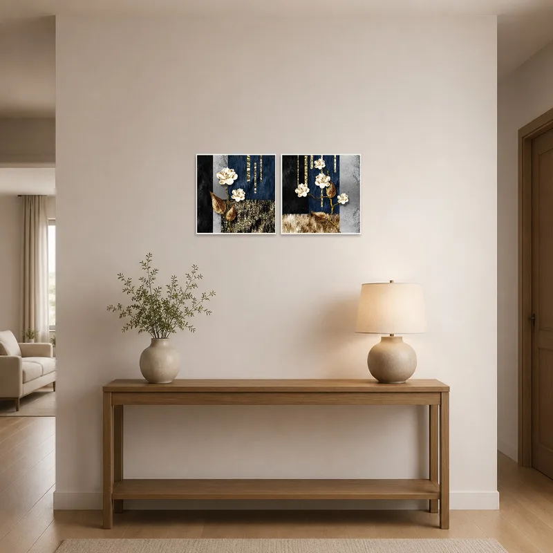 Elegant floral and abstract gold panels set invites warmth in an entrance hall with neutral tones.
