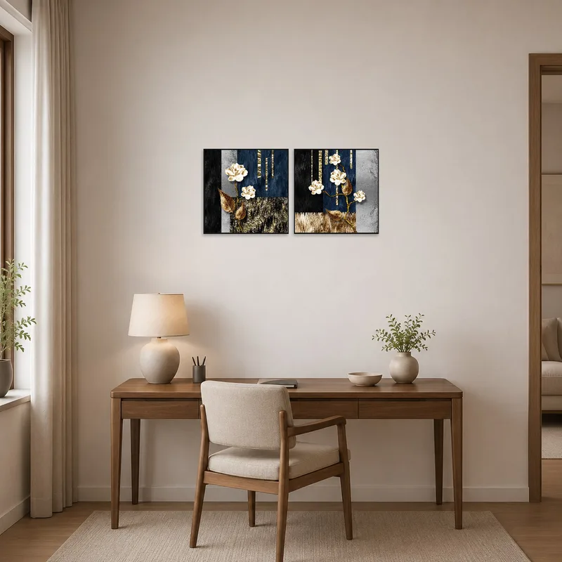 Home office gains sophistication with elegant floral and abstract gold panels displayed on the wall.