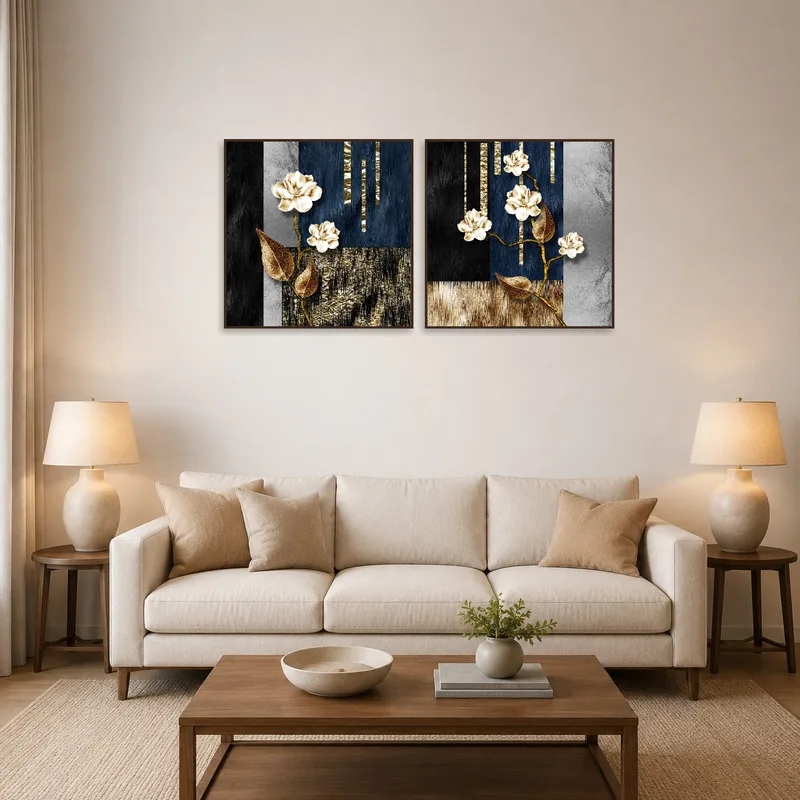 Elegant floral and abstract gold panels set adorns the living room wall above a modern sofa.