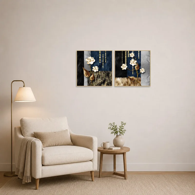 Reading corner enriched by elegant floral and abstract gold panels set, adding a touch of allure.