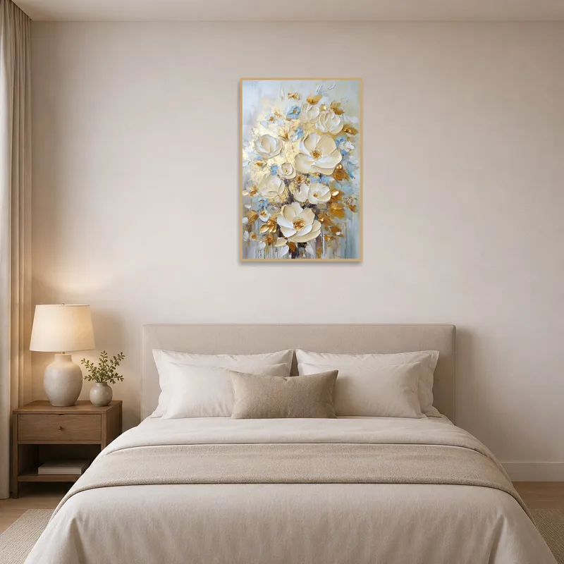 Floral art with golden hues bringing elegance to the bedroom.