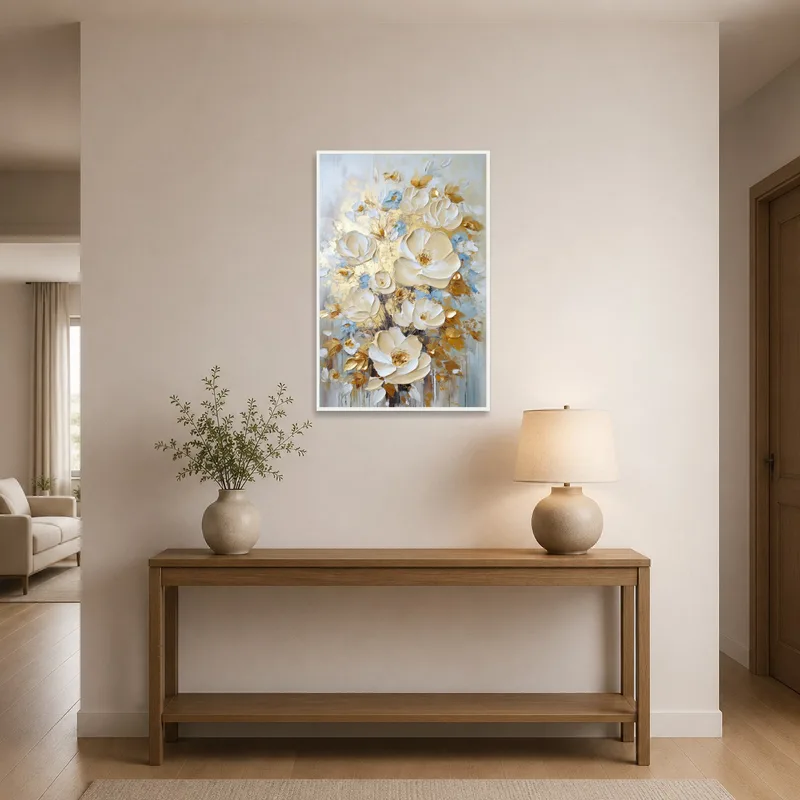 Golden accented floral art greeting visitors in the entrance hall.