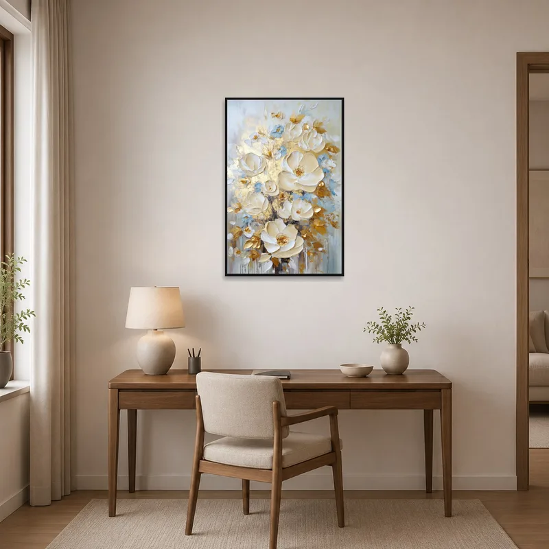 Sophisticated floral art with gold accents in the home office space.