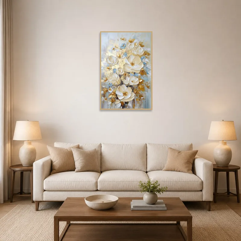 Elegant floral art with gold accents on the wall of a cozy living room.