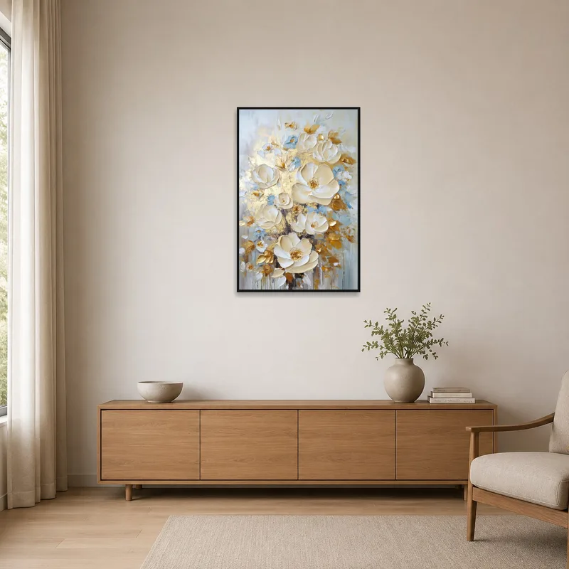 Floral artwork with gold details enhancing a minimalist room.