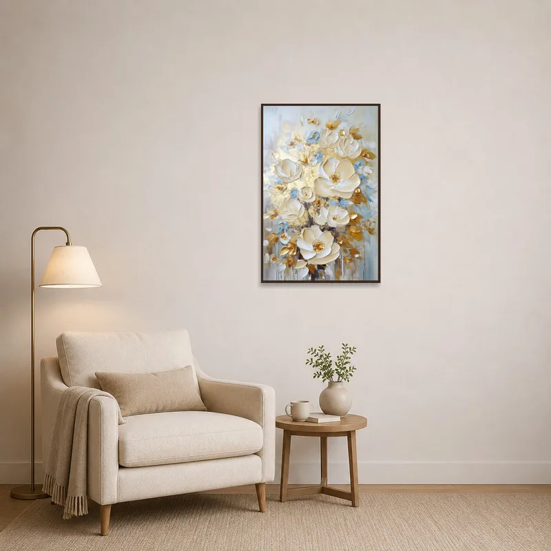 A quiet reading corner adorned with floral art and golden touches.