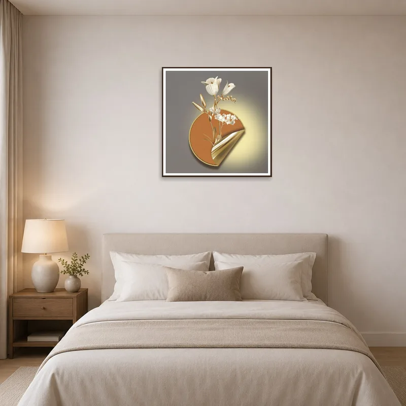 Elegant Floral Composition in Gold and Bronze graces a tranquil bedroom.