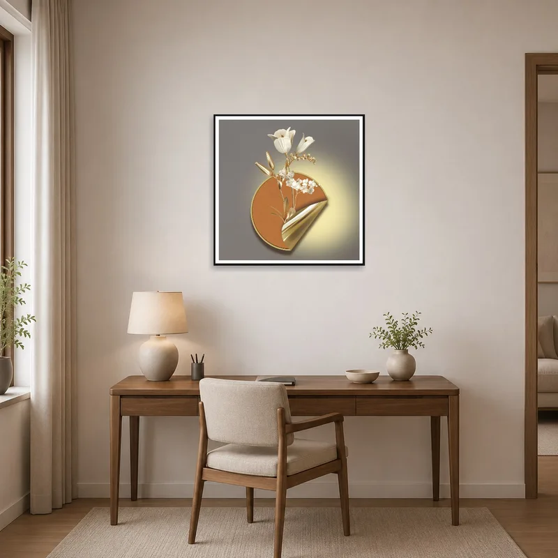 An Elegant Floral Composition in Gold and Bronze beautifies a modern home office.