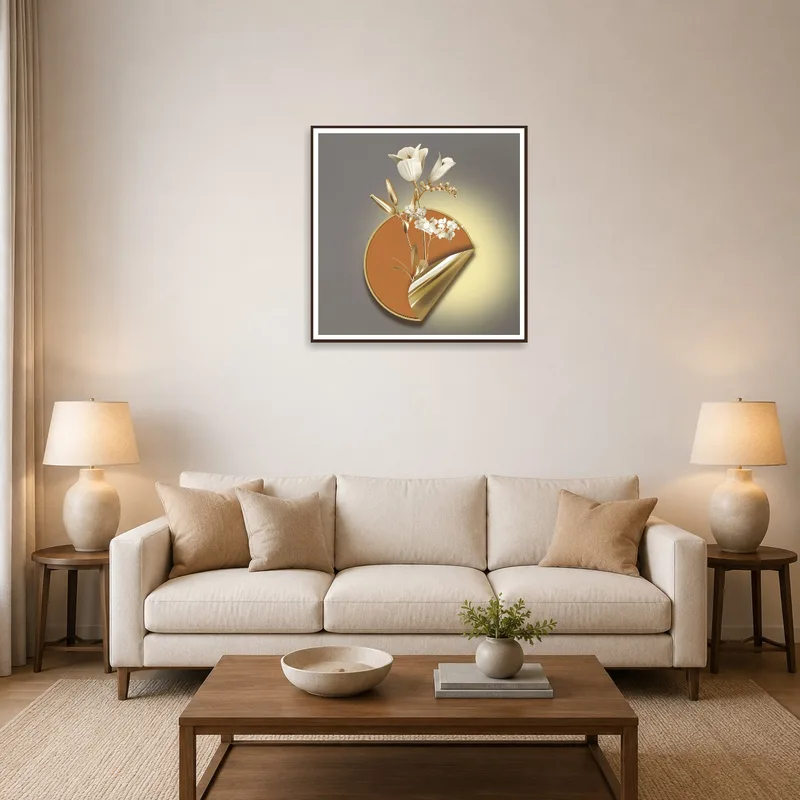 Elegant Floral Composition in Gold and Bronze adorns a stylish living room wall.
