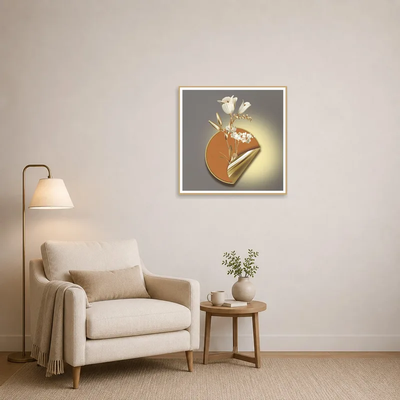 Elegant Floral Composition in Gold and Bronze enriches a cozy reading corner.