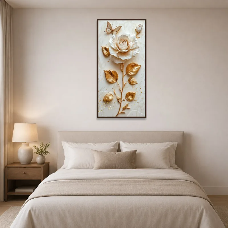 Gold-accented floral artwork above a bed, adding sophistication to a bedroom.