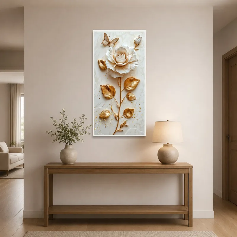 Floral art with gold accents creating a welcoming vibe in an entrance hall.