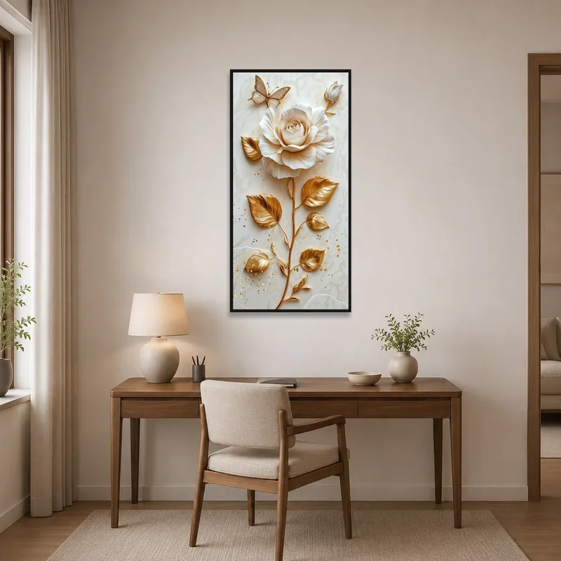 Floral art with gold touches brightening up a home office workspace.
