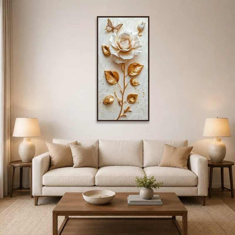 Elegant floral artwork with gold highlights above a modern sofa in a cozy living room.