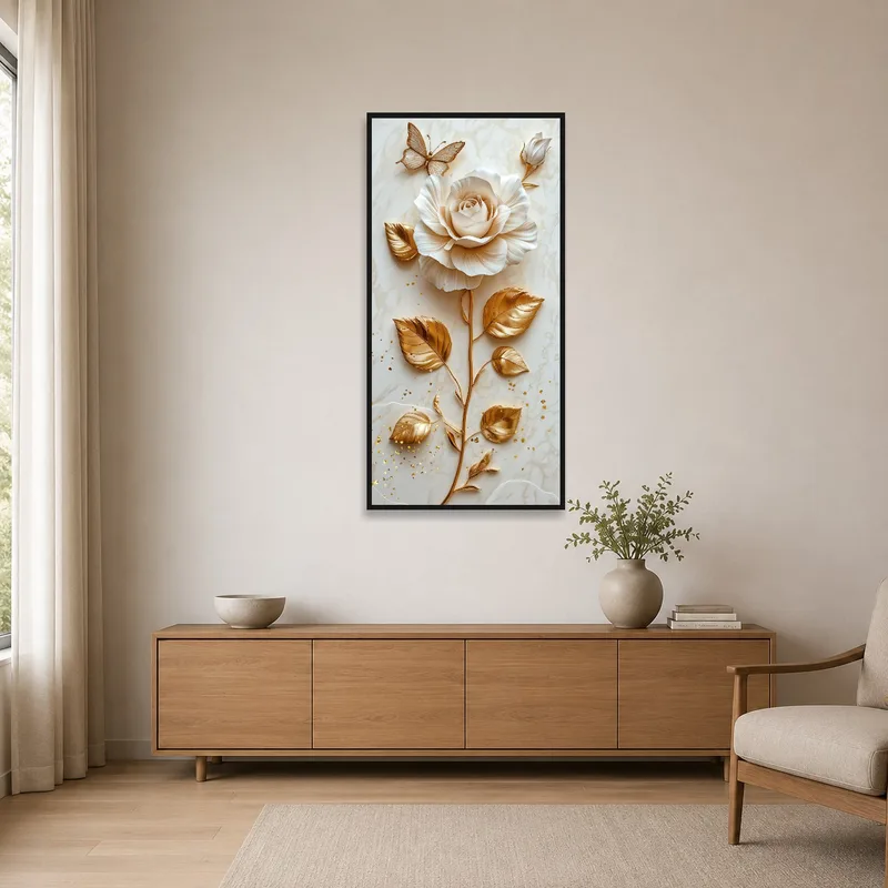 A stylish floral piece with gold details against crisp white walls in a minimalist space.