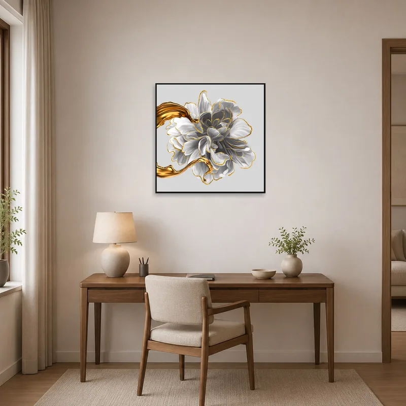 Elegant floral design with gold accents in a chic home office.