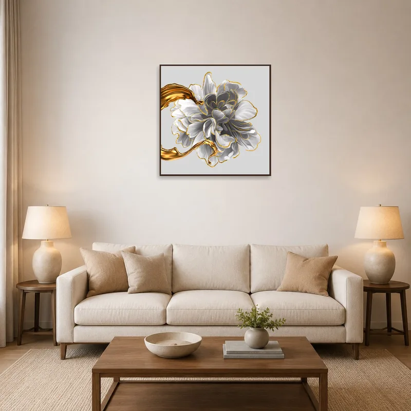 Elegant floral artwork with gold highlights in a cozy living-room setting.