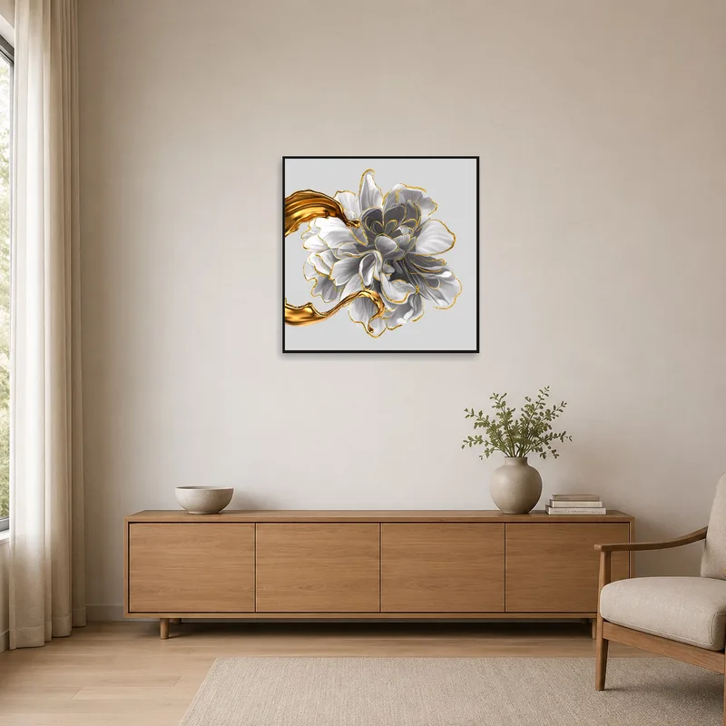 Floral piece with gold accents complementing a minimalist room.