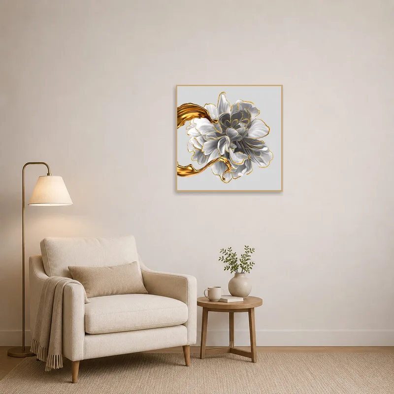 Floral artwork enriches a serene reading corner ambiance.
