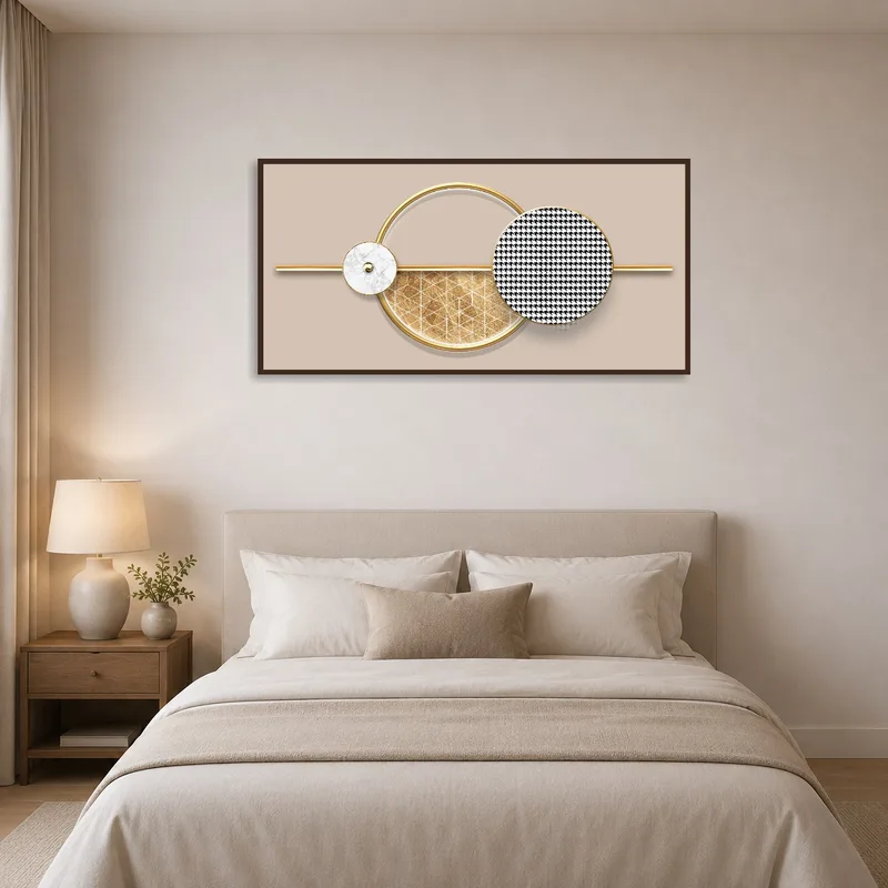 Gold-accented geometric art enhancing a tranquil bedroom.