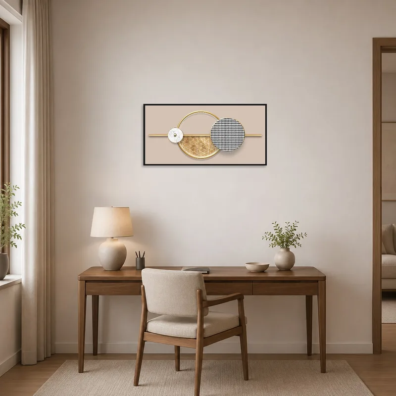 Sophisticated geometric circle art in a modern home office.