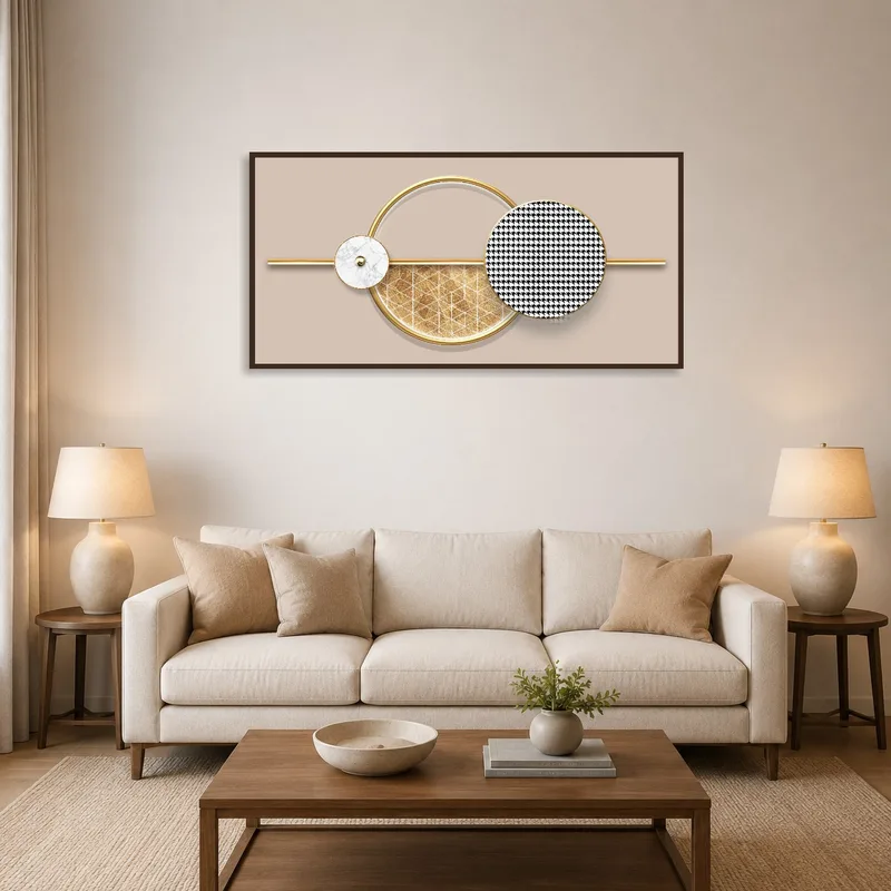 Artwork with geometric circles and gold accents in a stylish living room.