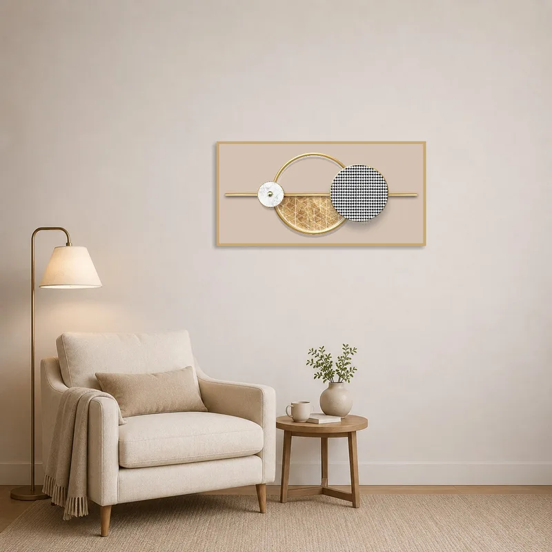 Geometric circles art with gold adding flair to a reading corner.