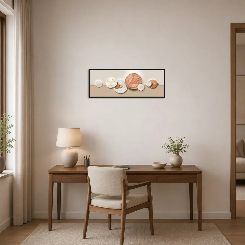 Modern geometric artwork complements a contemporary home office with metallic sheen.