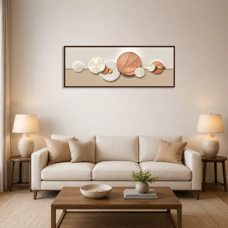 Abstract geometric art with metallics hanging in an elegant living room setting.
