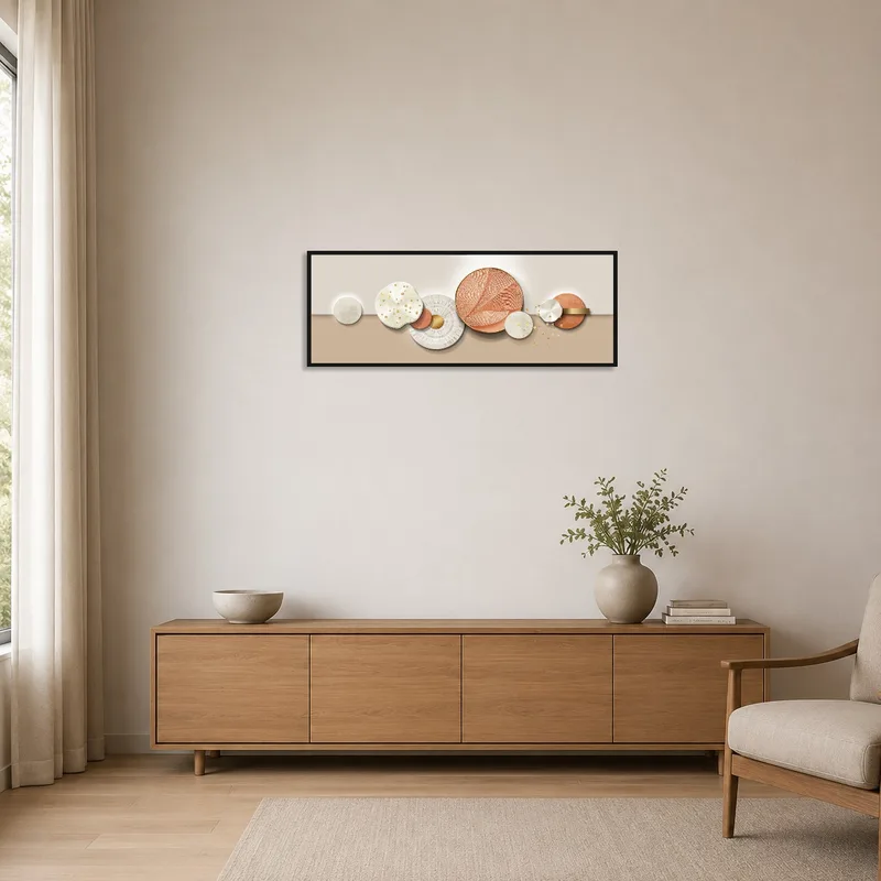 Sleek geometric art piece accentuates a minimalist space with metallic tones.