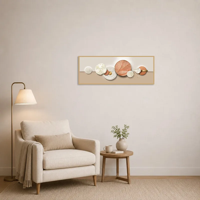 Artistic geometric piece with metallic touches brings sophistication to a reading nook.