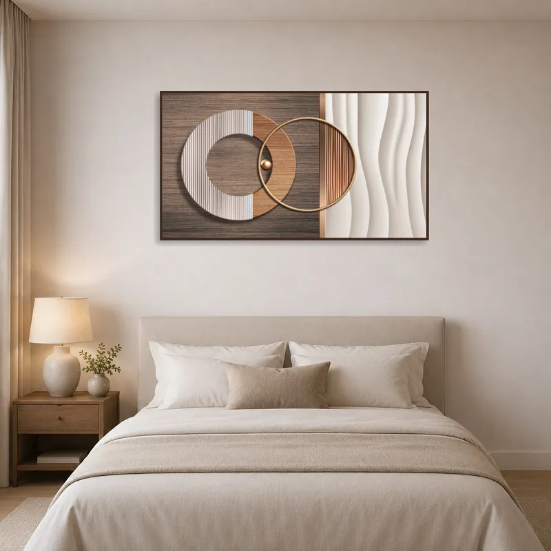 Elegant geometric art brings a stylish touch to the bedroom wall.